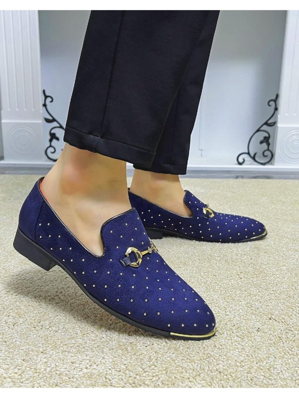 Men's Blue Suede Leather Loafers Gold Rivet Buckle Slip On Party Dress Shoes - Picture 3 of 6